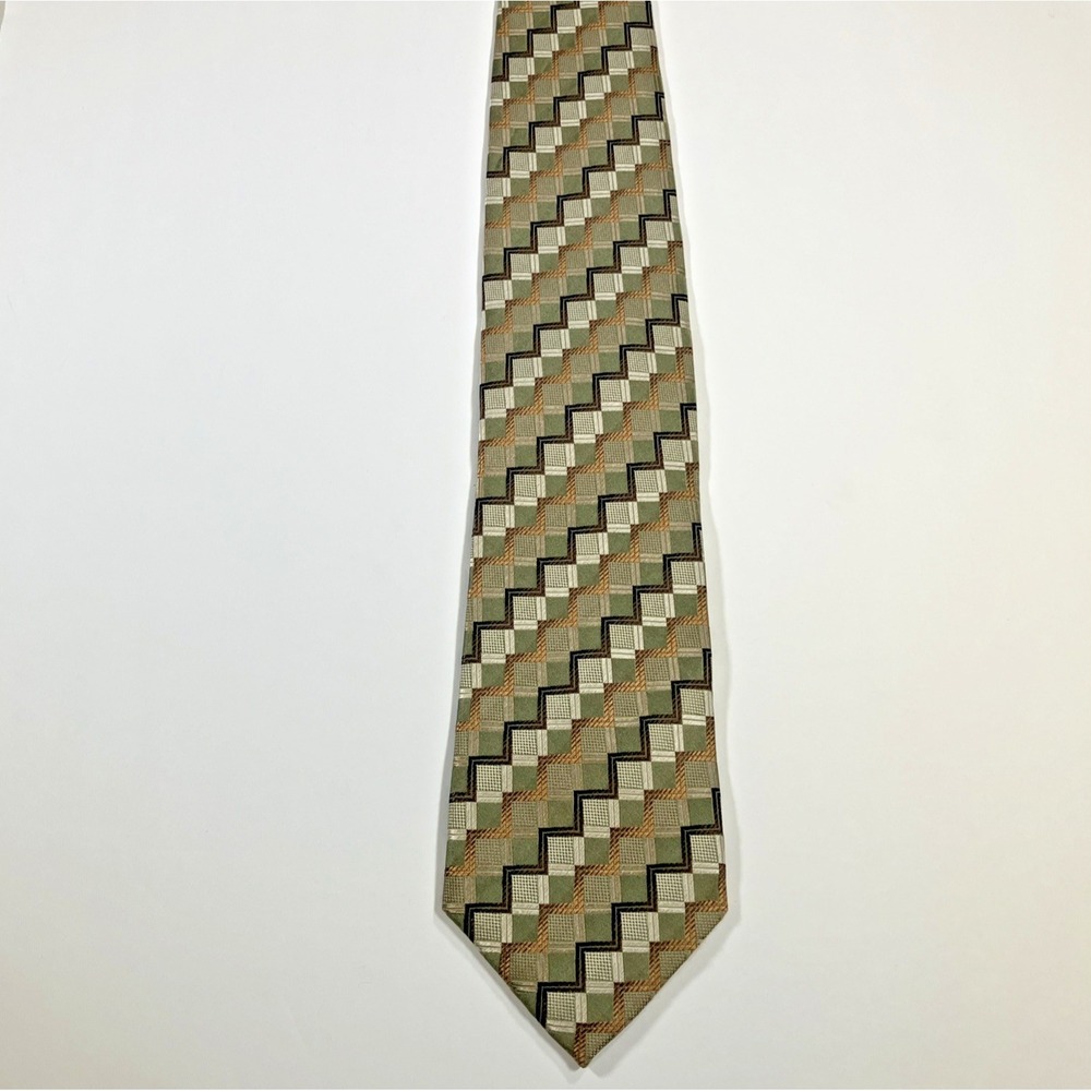 Roberto Villini Couture Men's Necktie Geometric Green‎ Gold Silver Silk Handmade - Picture 2 of 6